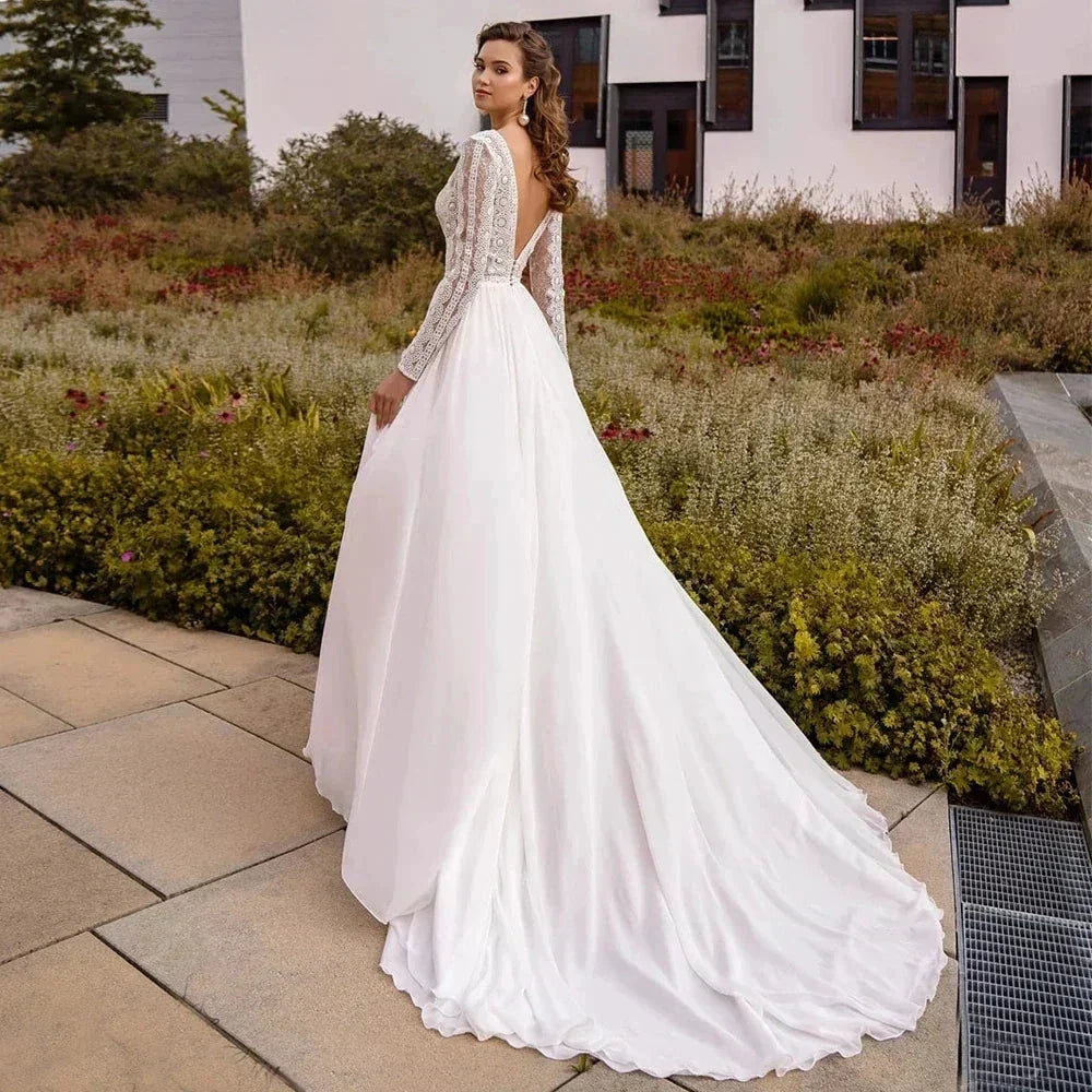 Simple Chiffon Boho Wedding Dresses Deep Sexy V Neck Long Sleeves Flowy Bohemian Bridal Wedding Gowns Backless A Line Robe Maria (ZD14164)
