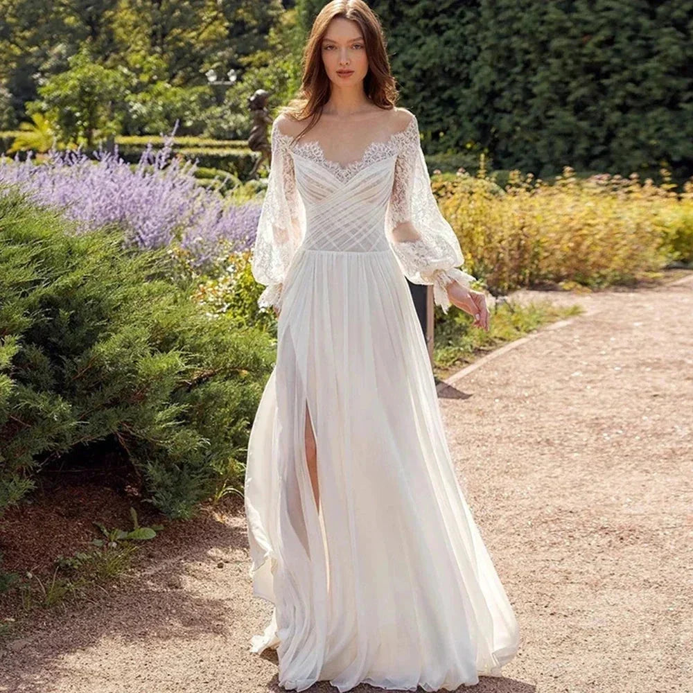 Simple Elegant New Sexy Off Shoulder Sweetheart High Fork V-Neck A-Line Wedding Dresses For Women Simple Bridal Gowns Robe 2023 (ZD14082)