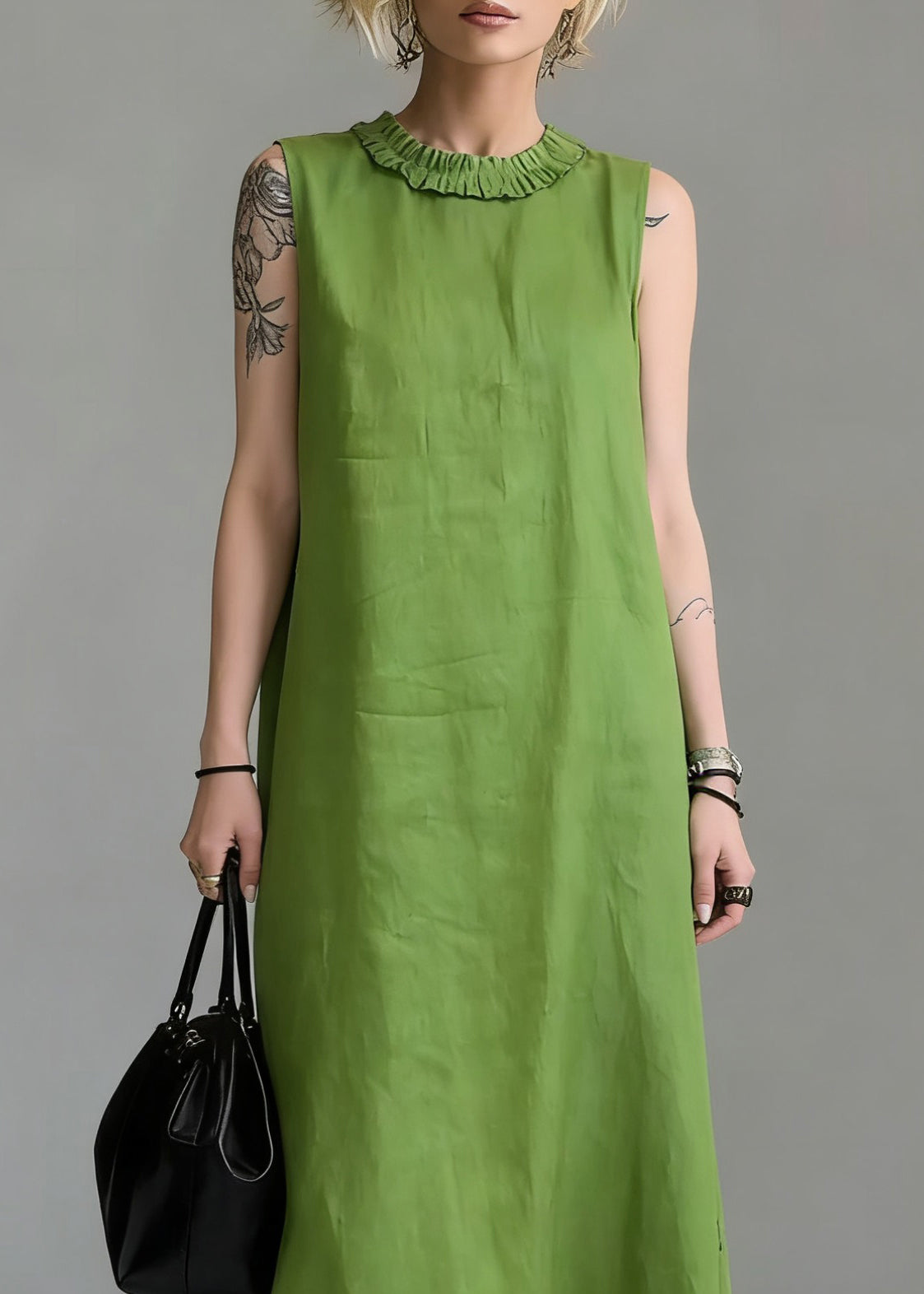 Simple Green Ruffled Solid Cotton Long Dress Sleeveless