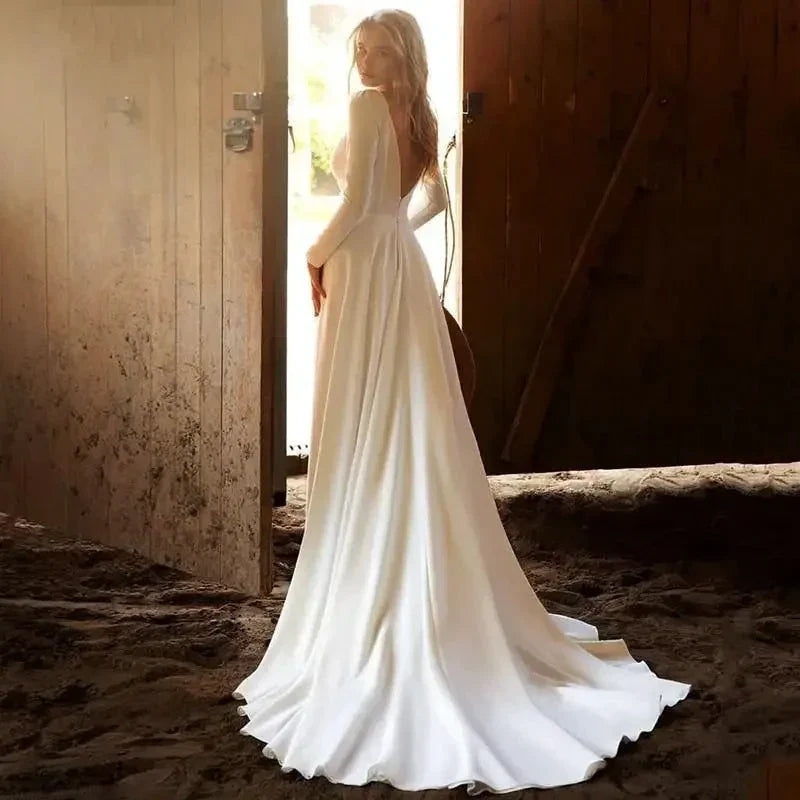 Simple Long Sleeves Wedding Dresses 2024 Sexy Deep V Neck Bridal Gown Backless Sweep Train Civil Robe De Mariee Country Marriage (ZD13374)