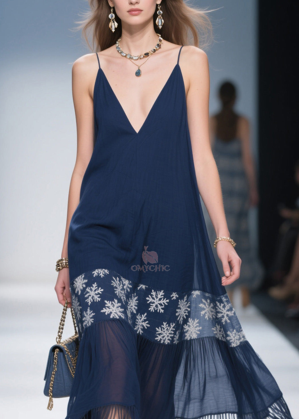Simple Navy Tassel Cotton Spaghetti Strap Dress Summer