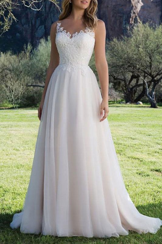 Simple V Neck Tulle Ivory Sleeveless Lace A-Line Wedding Dresses