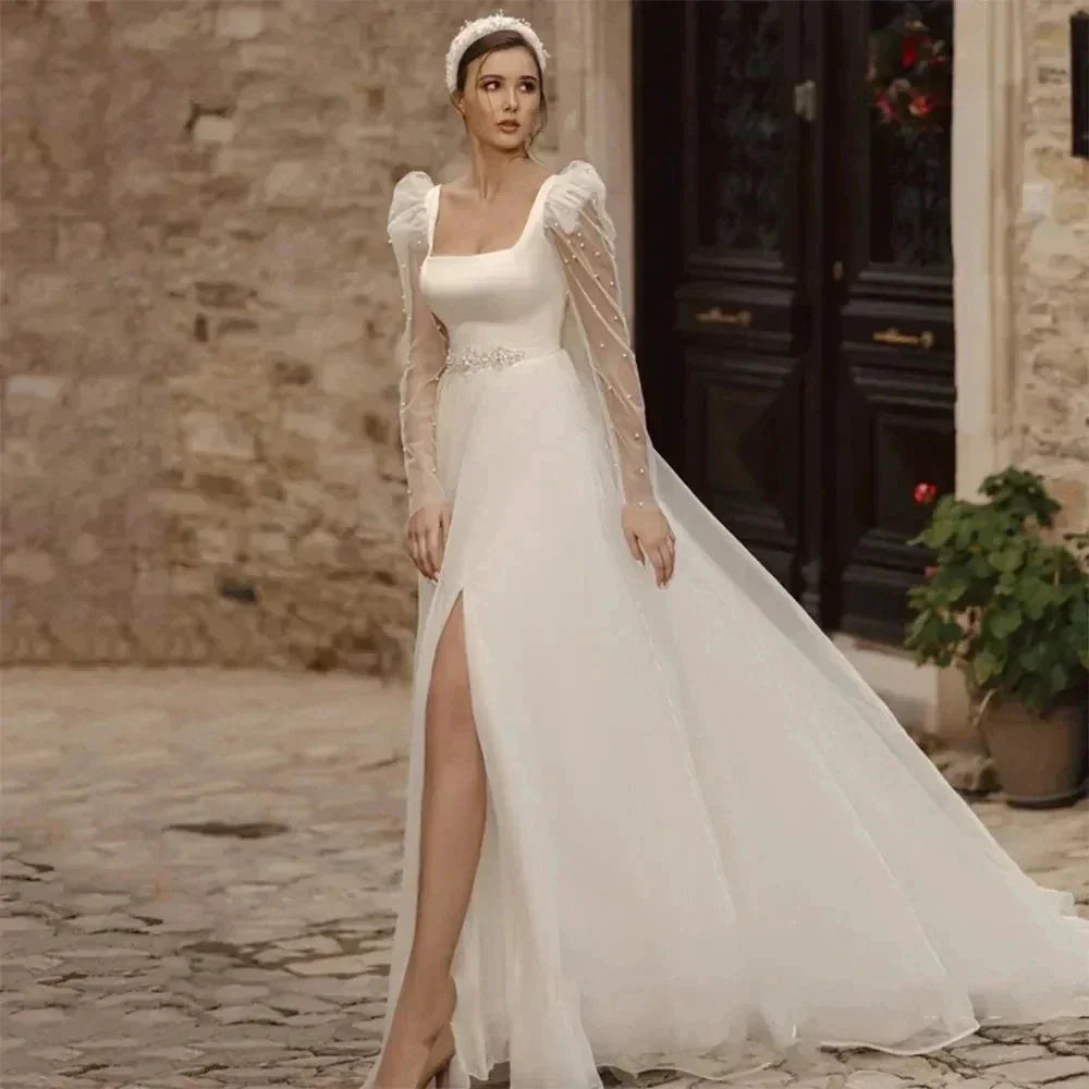 Simple Wedding Dresses A Line Long Illusion Sleeve Fuffy Tulle Ball Gowns Woman's Formal Bride Beach Party Vestidos Para Mujer (ZD14265)