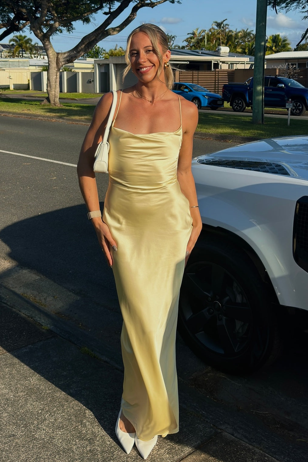 Simple Mermaid Spaghetti Straps Yellow Long Prom Dress with Criss Cross Back