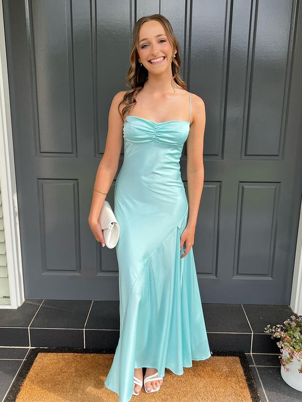 Yellow A Line Spaghetti Straps Silk Long Prom Dress with Slit