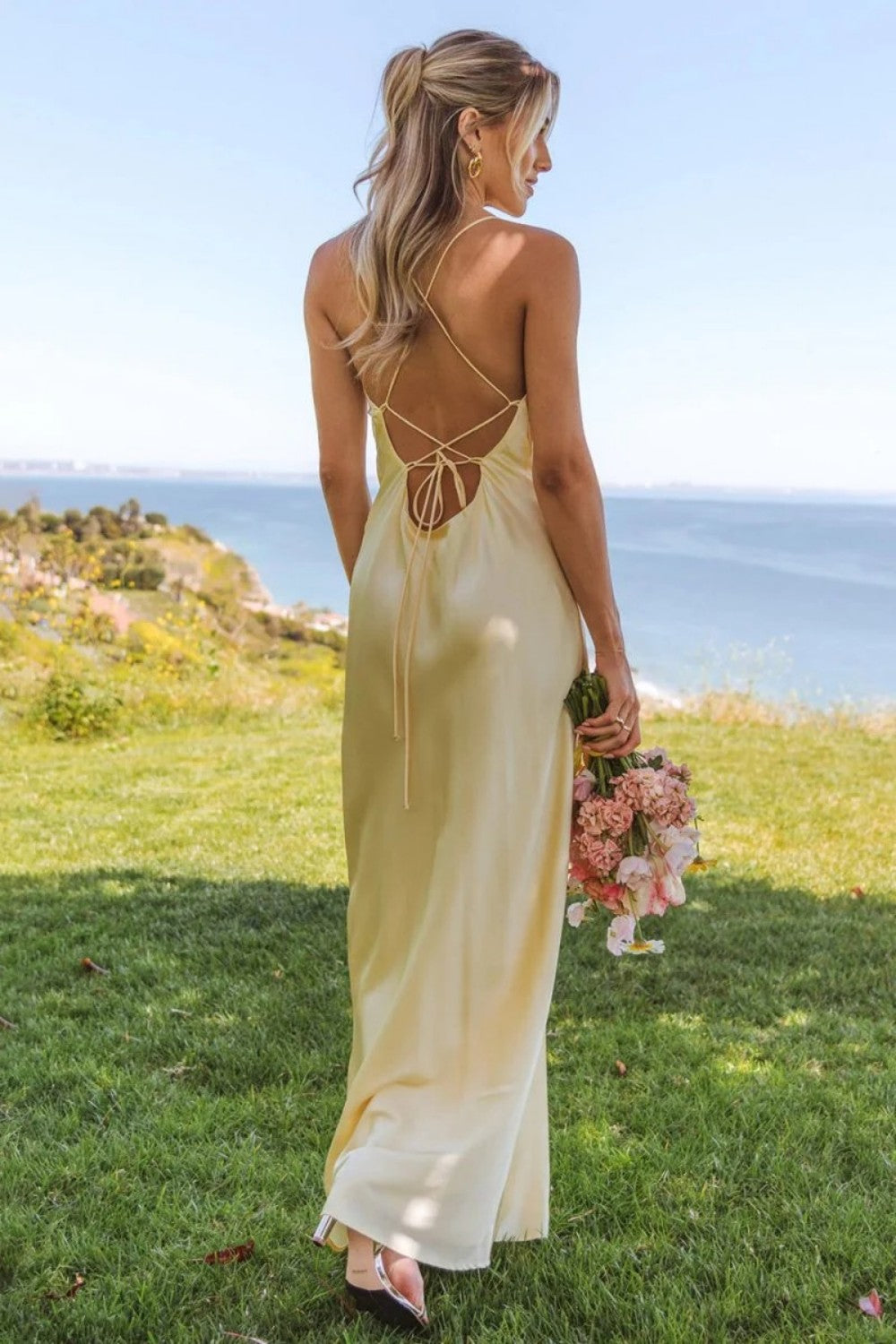 Simple Sheath Spaghetti Straps Yellow Long Prom Dress with Criss Cross Back