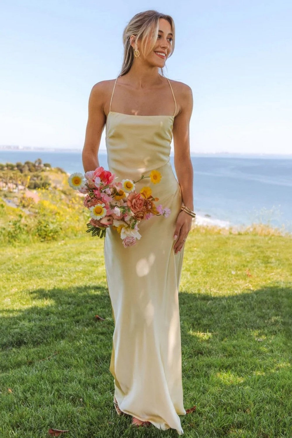 Simple Sheath Spaghetti Straps Yellow Long Prom Dress with Criss Cross Back