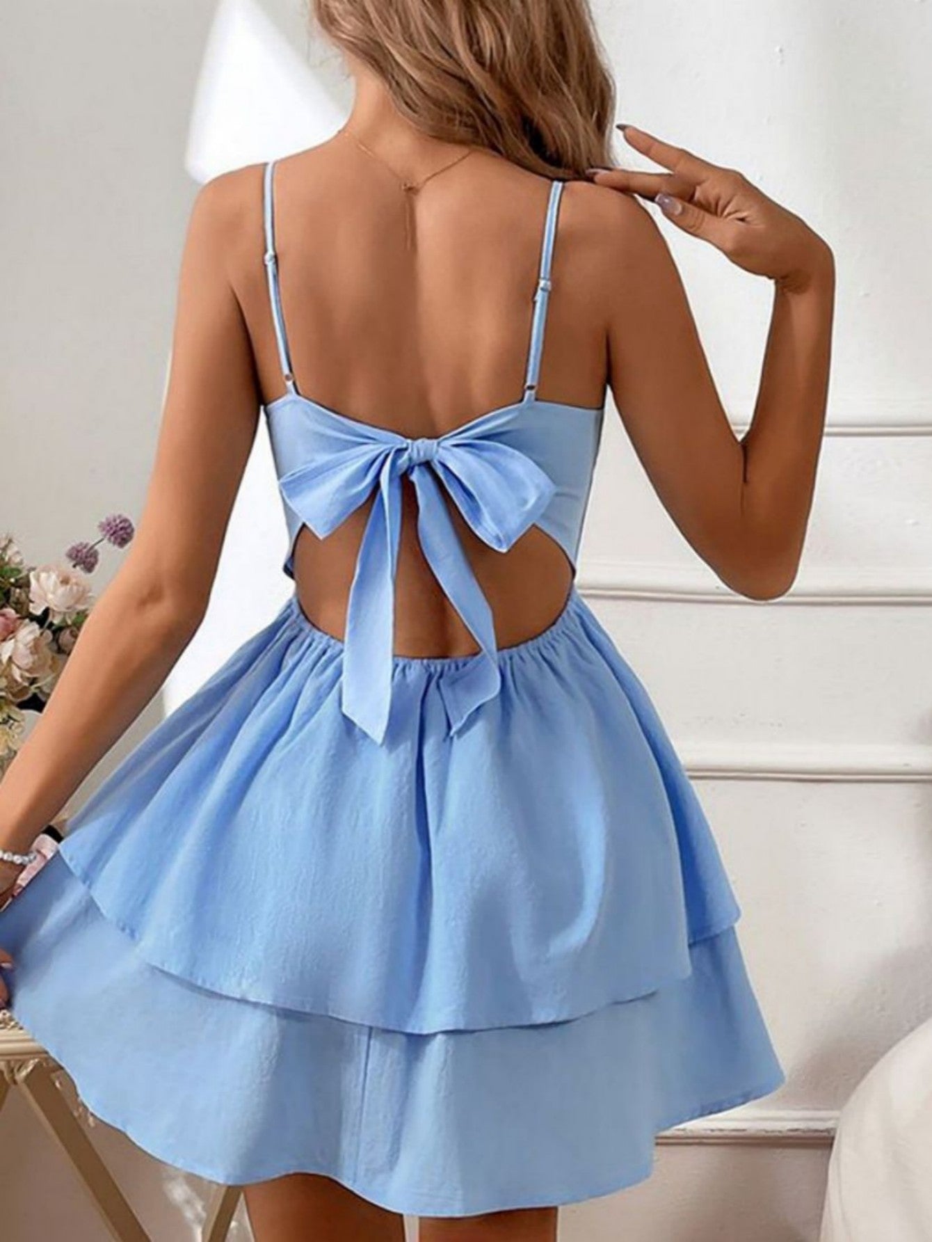 Blue Cotton Backless Sweet Short Graduation Dress - Fashionpara