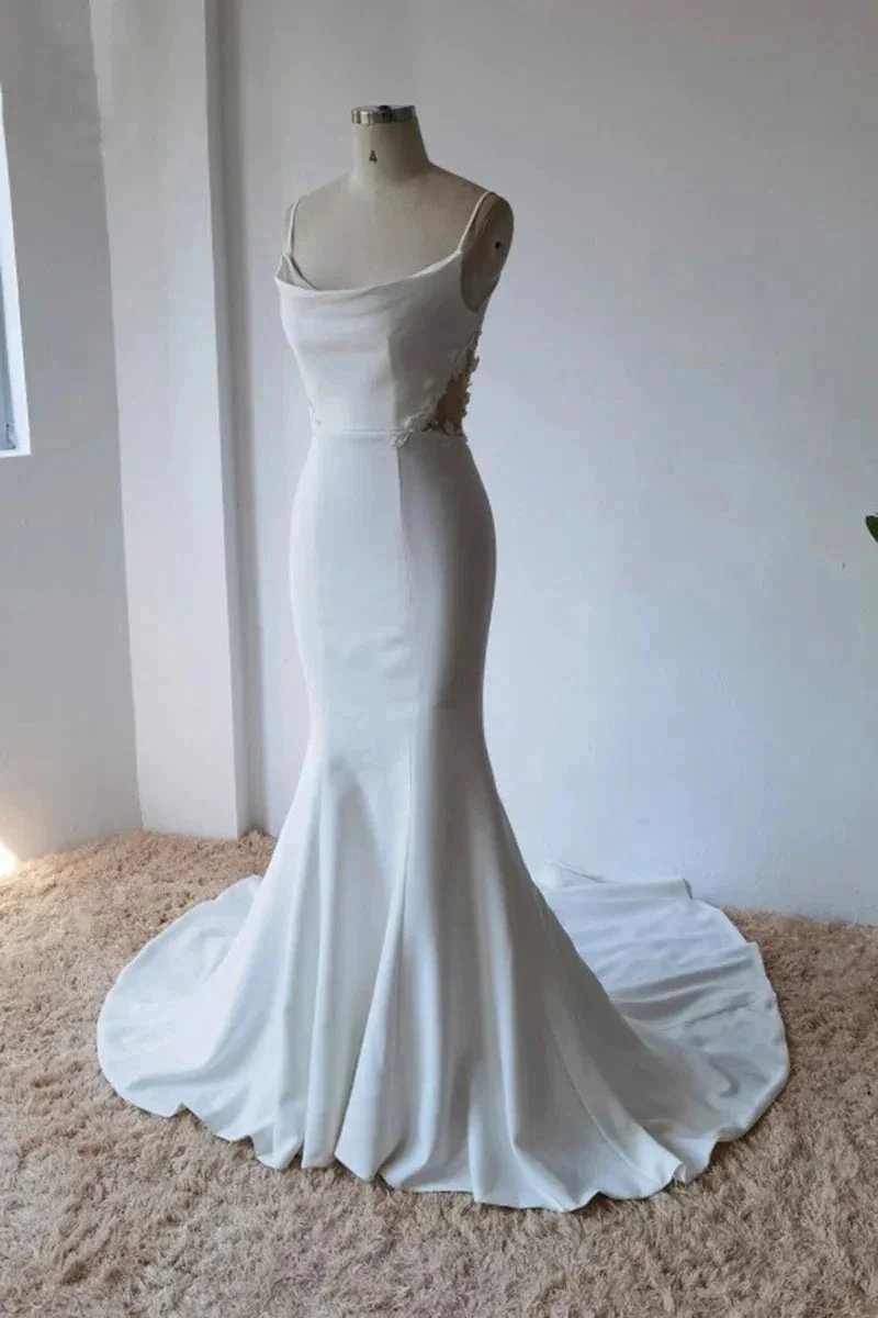 Simple Spaghetti Straps Satin Mermaid Modest Wedding Dress (ZD16151)