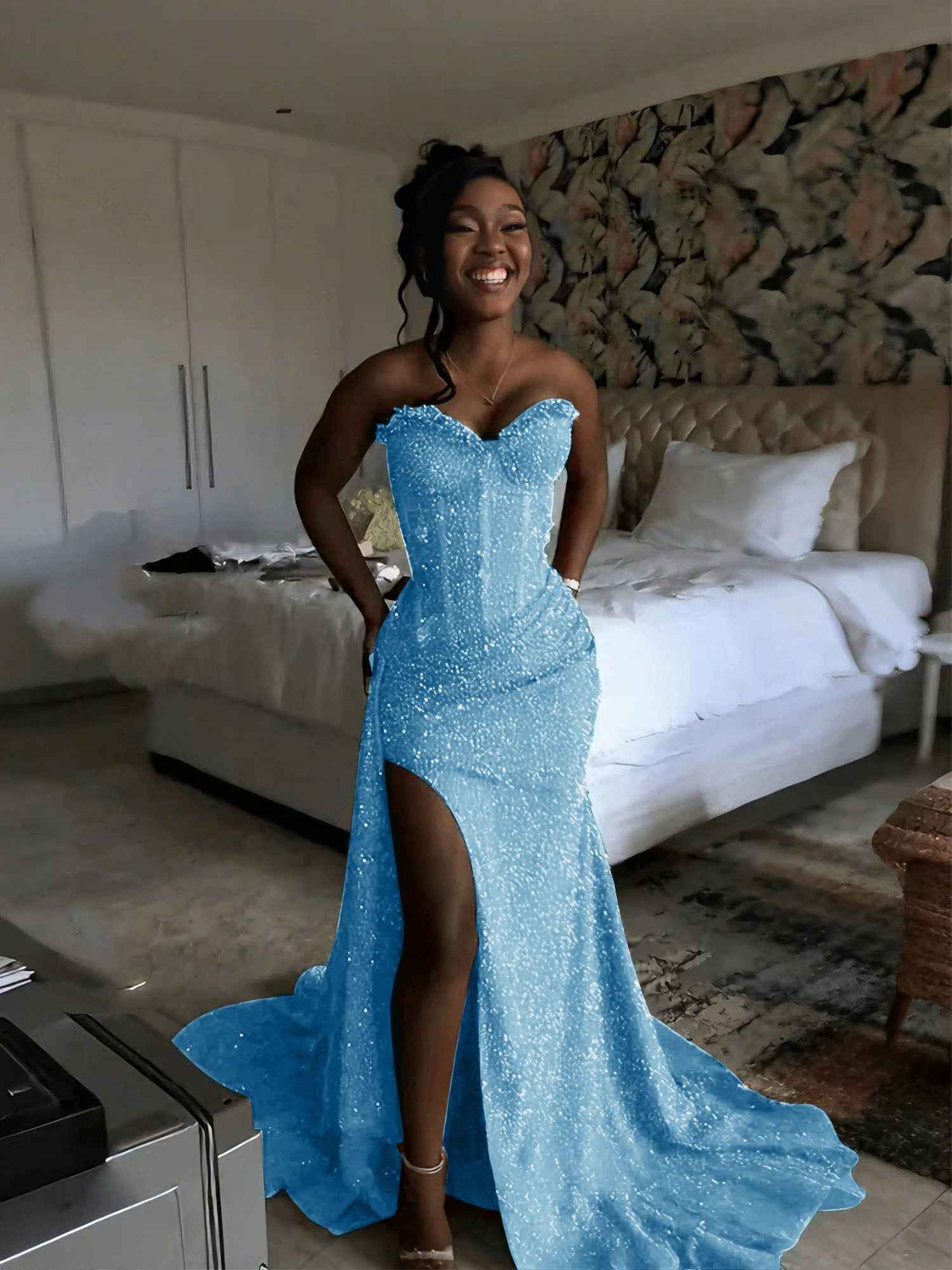 Glitter Strapless Mermaid Sequined Long Prom Dress with Slit (ZD17399)