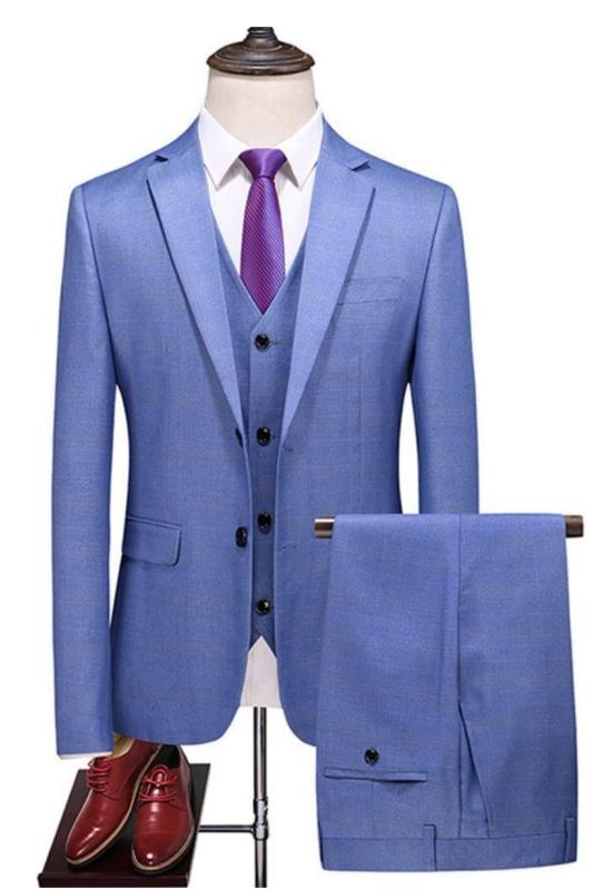 Sky Blue Notched Lapel Single Breasted Men's Business Suit