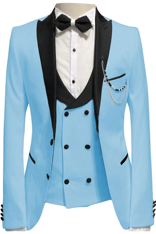 Sky Blue Peaked Lapel 3 Piece New Arrival Prom Suit