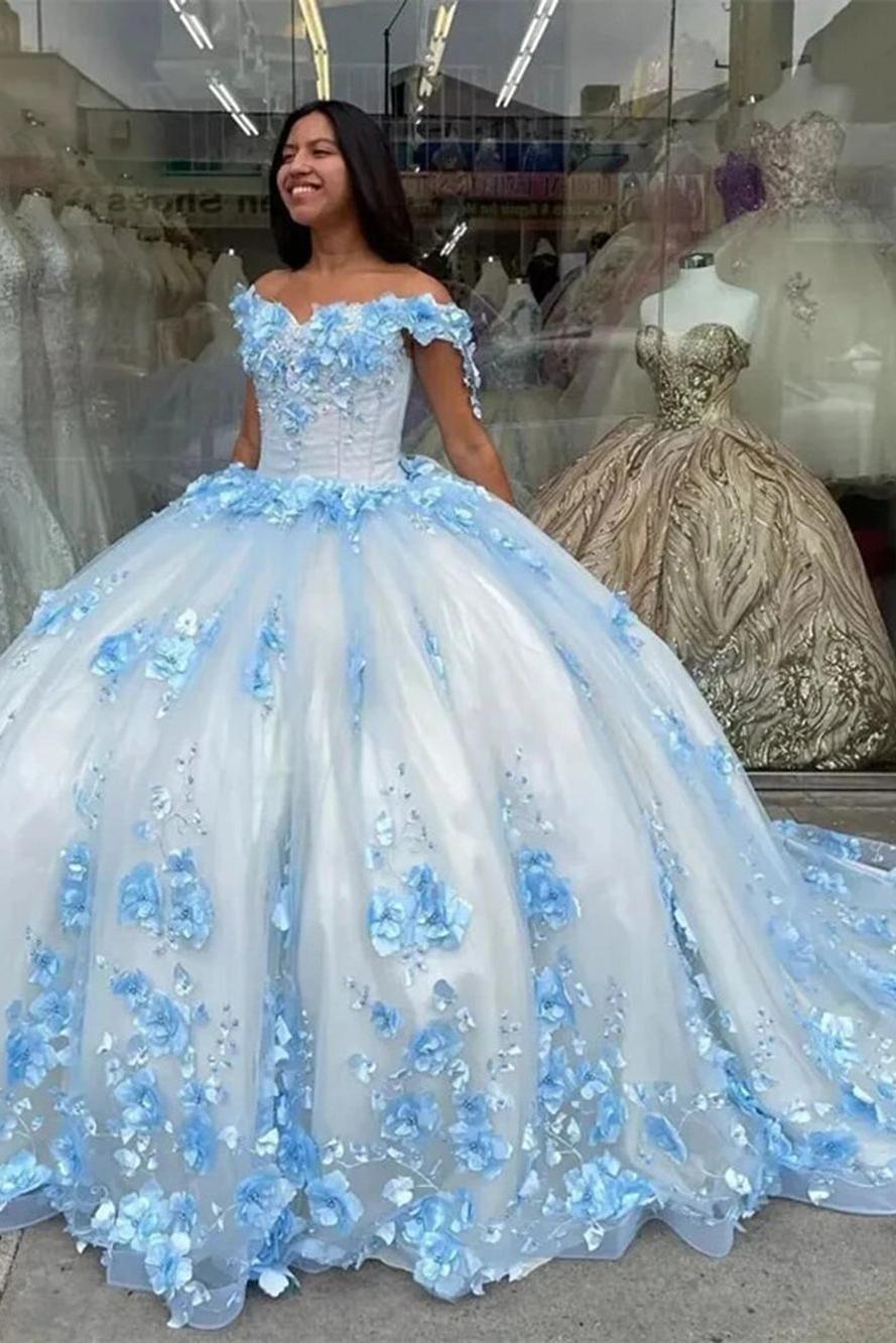 Sky Blue Princess Quinceanera Dresses Off Shoulder Ball Gown 3D Flowers Appliques Beaded Long Train Lace Up Corset Prom Dress Sweet 16 Dress