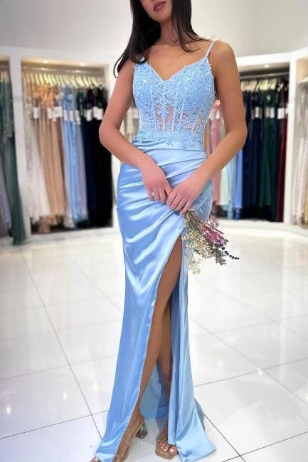 Sky Blue Prom Dress Mermaid Spaghetti Straps Lace Formal Dress With Slit
