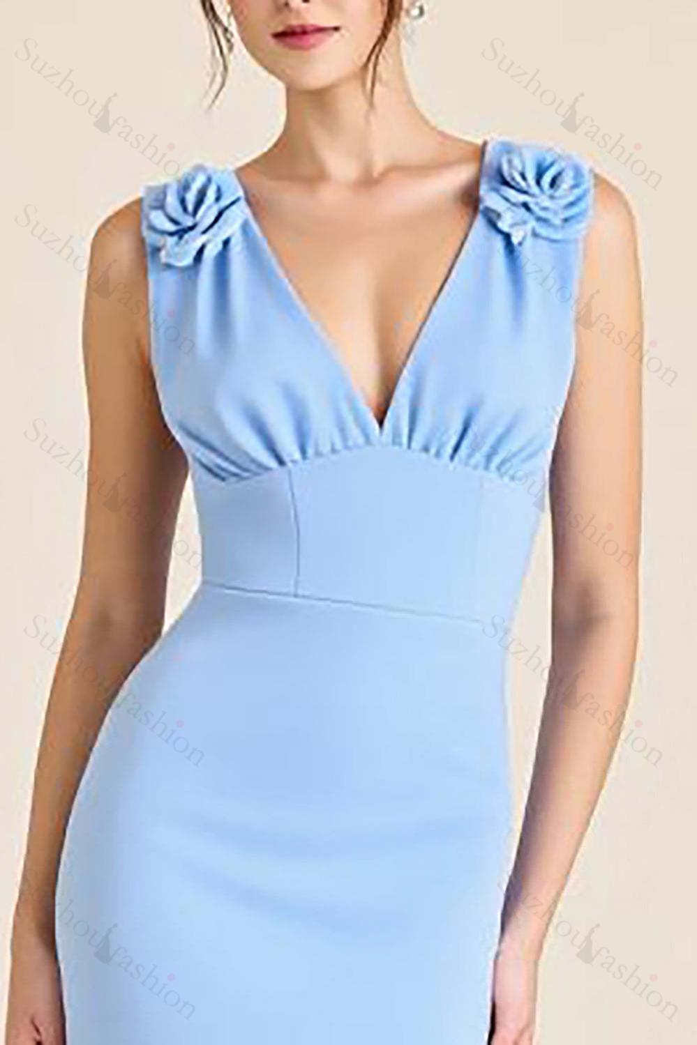 Sky Blue Prom Dress Satin Sheath V Neck Long Formal Dress With Flowers