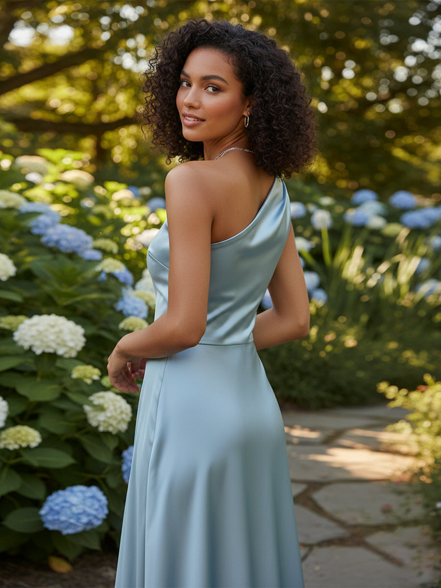 Sky Blue A-Line One Shoulder Satin Long Formal Dress