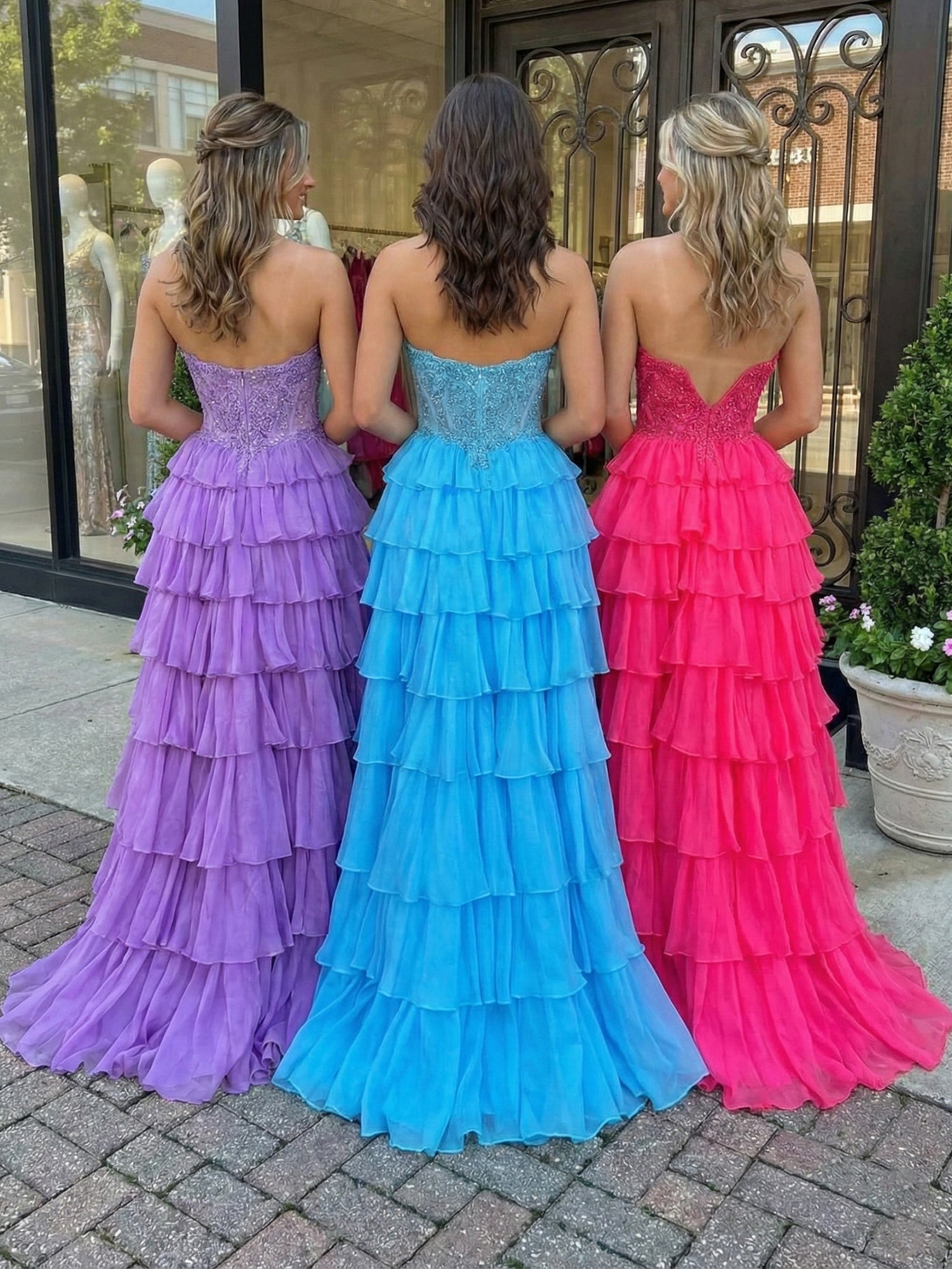 Sky Blue Beaded Corset Tiered Ruffle Long Prom Dress