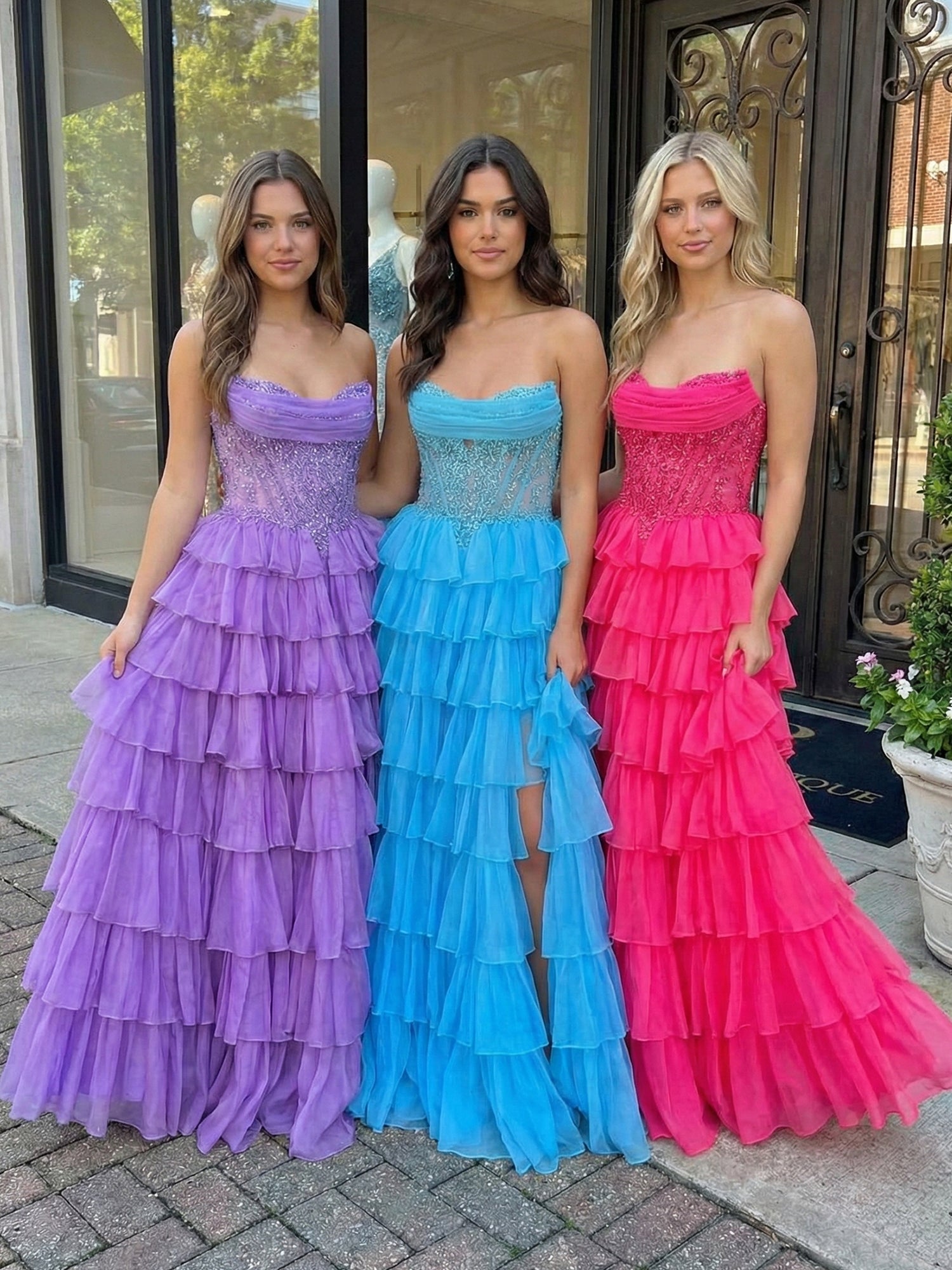 Sky Blue Beaded Corset Tiered Ruffle Long Prom Dress