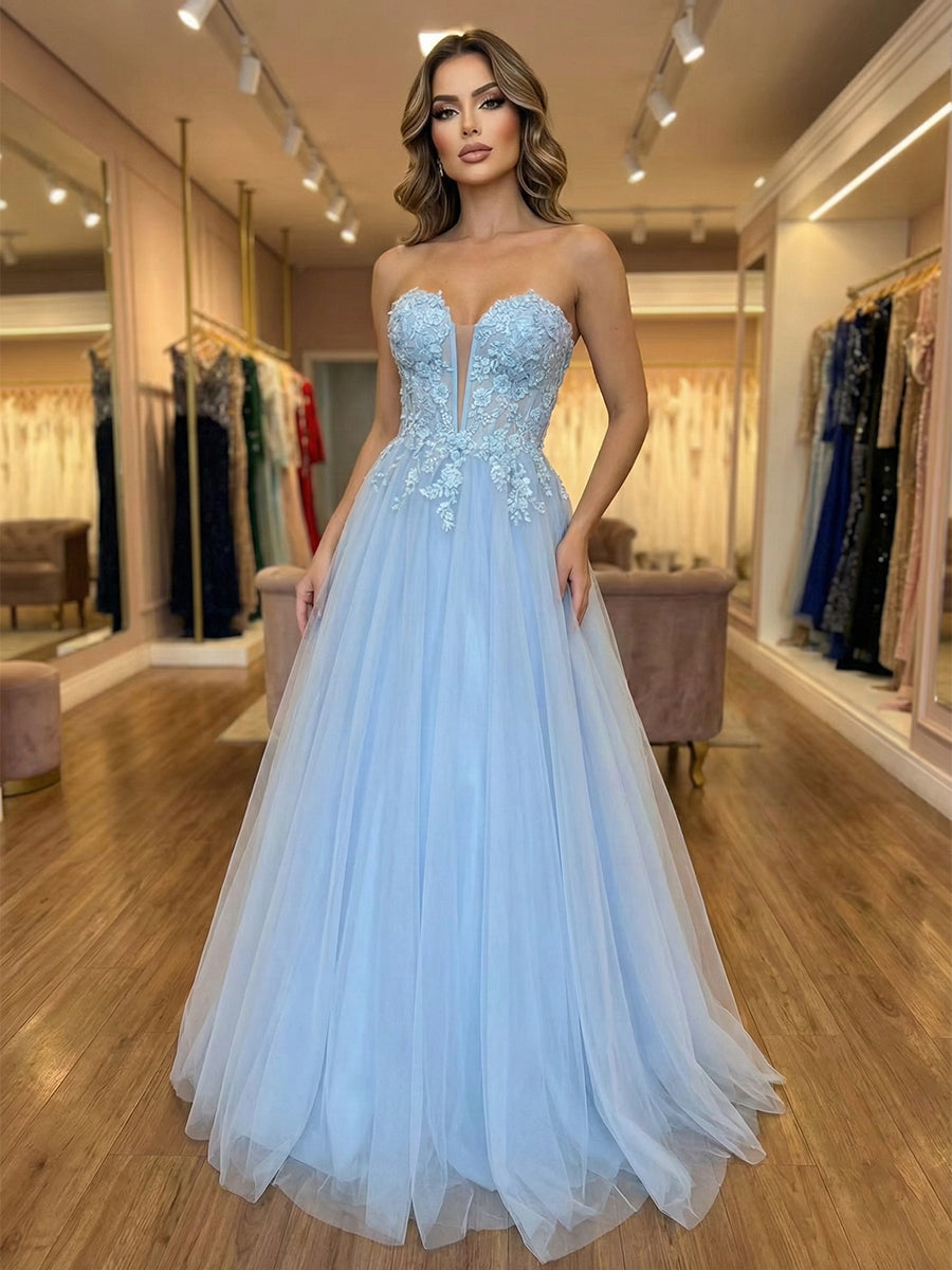 Sky Blue Floral Lace Applique Strapless Tulle Prom Dress