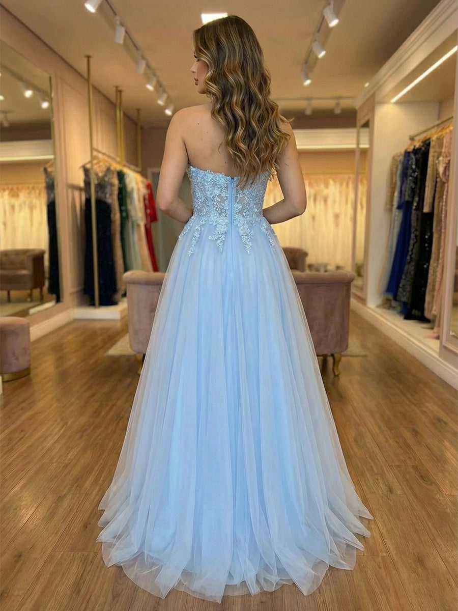 Sky Blue Floral Lace Applique Strapless Tulle Prom Dress