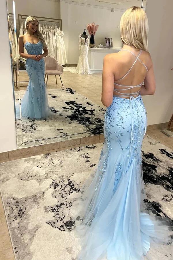 Tulle Mermaid Spaghetti Straps Long Prom Dresses With Lace - View 2 | VelvetHem