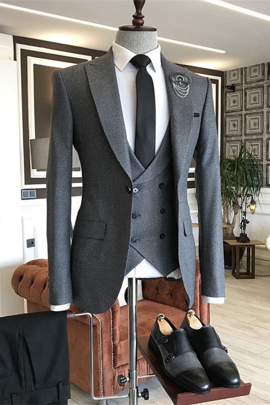 Slate Gray Three Piece Peaked Lapel Business Suit
