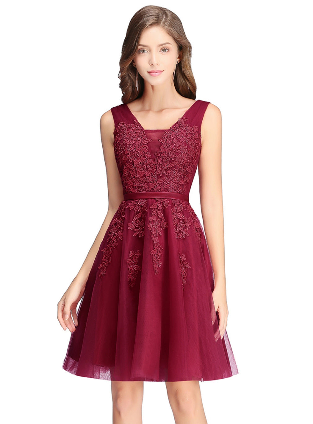 Sleeveless Appliques Tulle Lace V-Neck Knee Length Dress