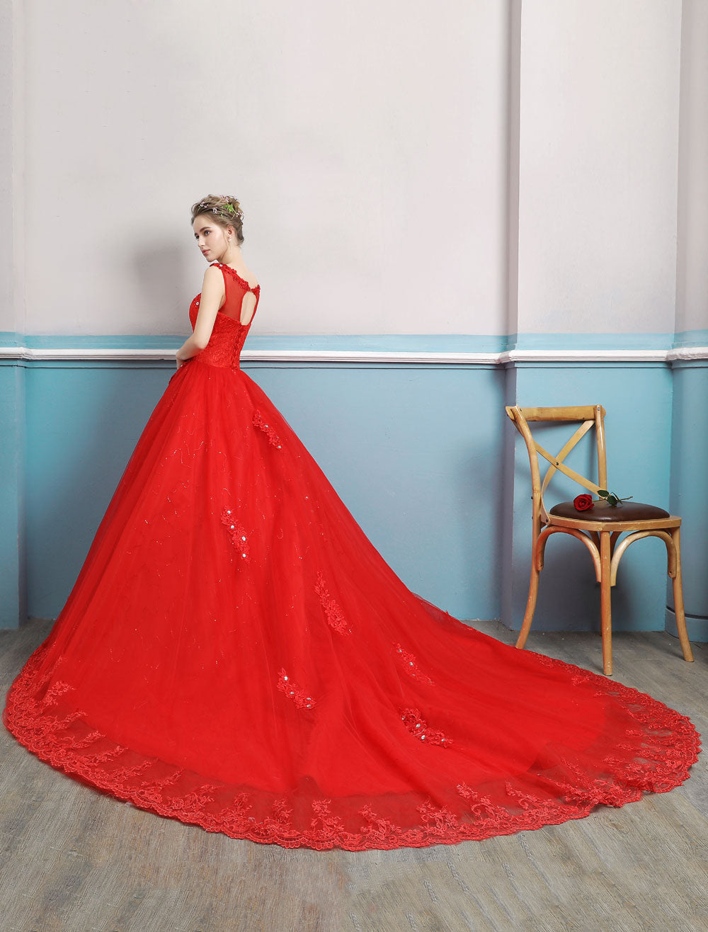 Sleeveless Ruby Jewel Tulle Lace Ball Gown Wedding Dresses Long