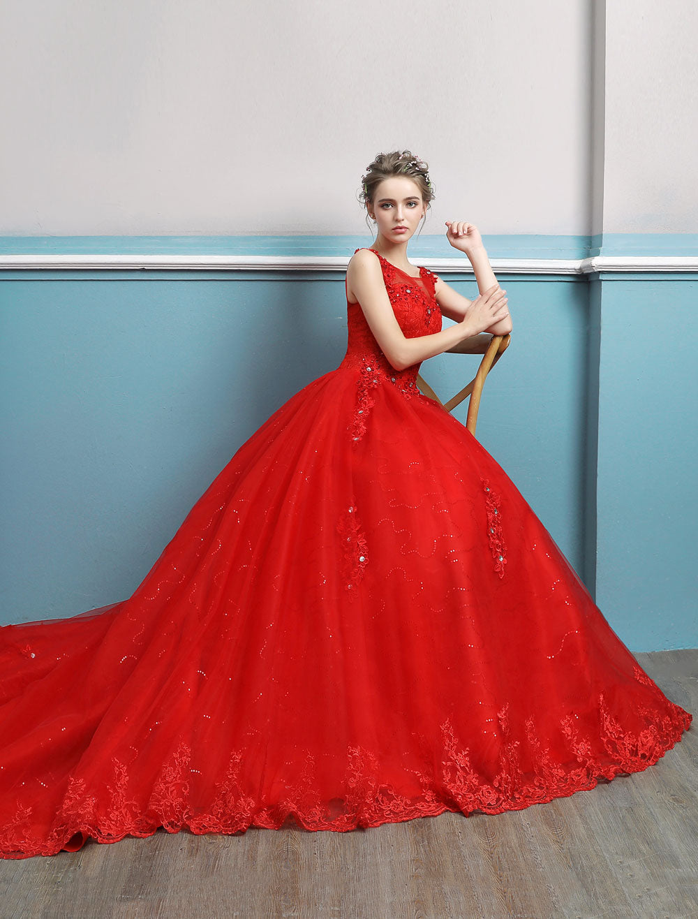 Sleeveless Ruby Jewel Tulle Lace Ball Gown Wedding Dresses Long