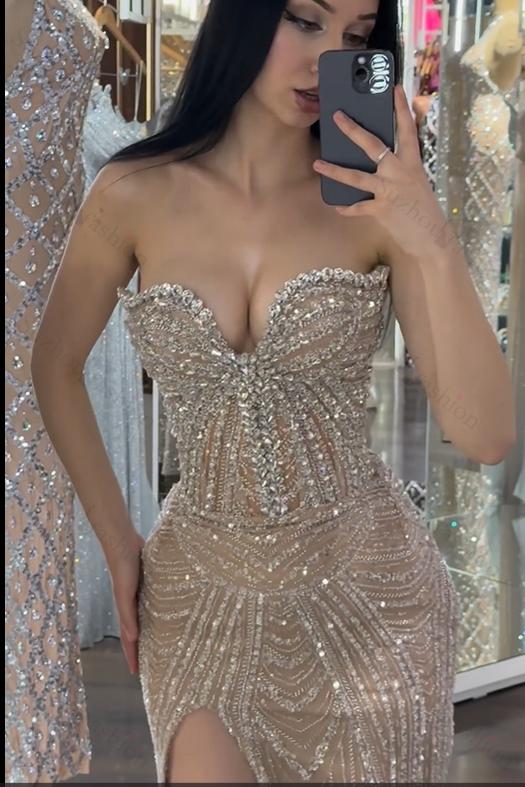 Sleeveless Strapless Beading Mermaid Long Evening Formal Dress With High Split