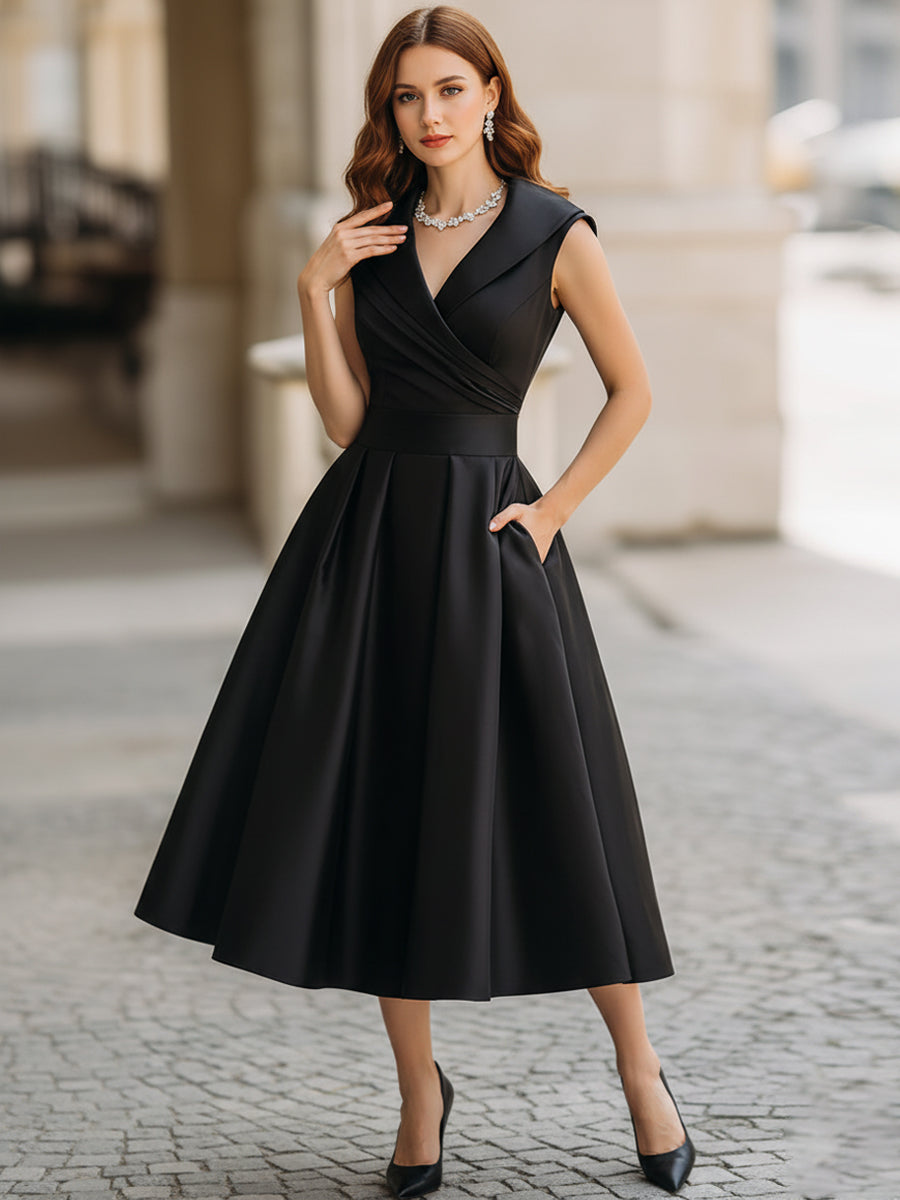 Sleeveless V-Neck A-Line Midi Dress with Pleated Skirt and Pockets
