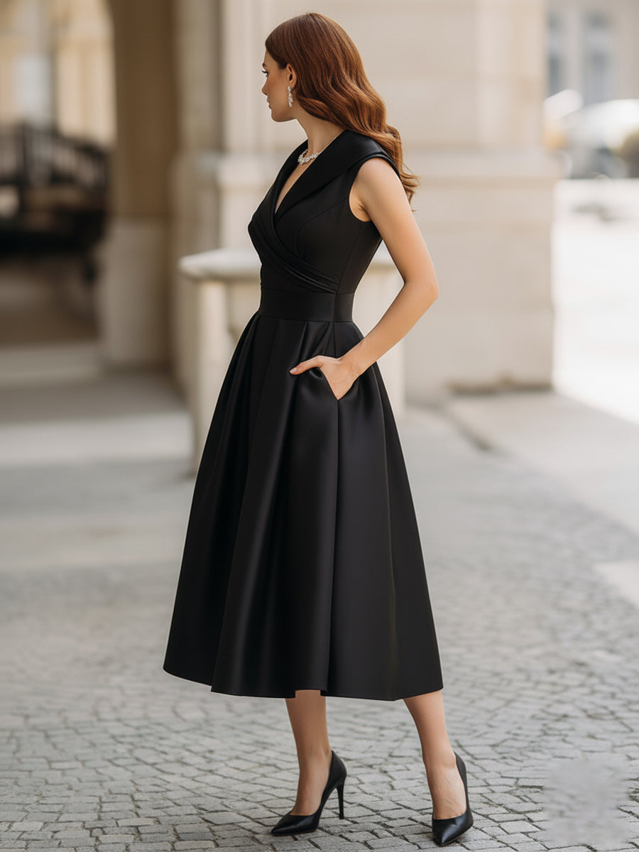 Sleeveless V-Neck A-Line Midi Dress with Pleated Skirt and Pockets