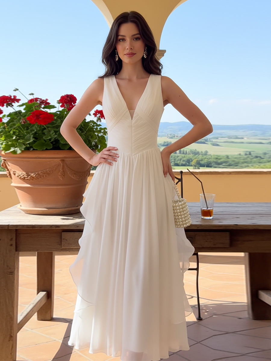 Sleeveless V-Neck Chiffon Maxi Dress with Cascading Ruffles