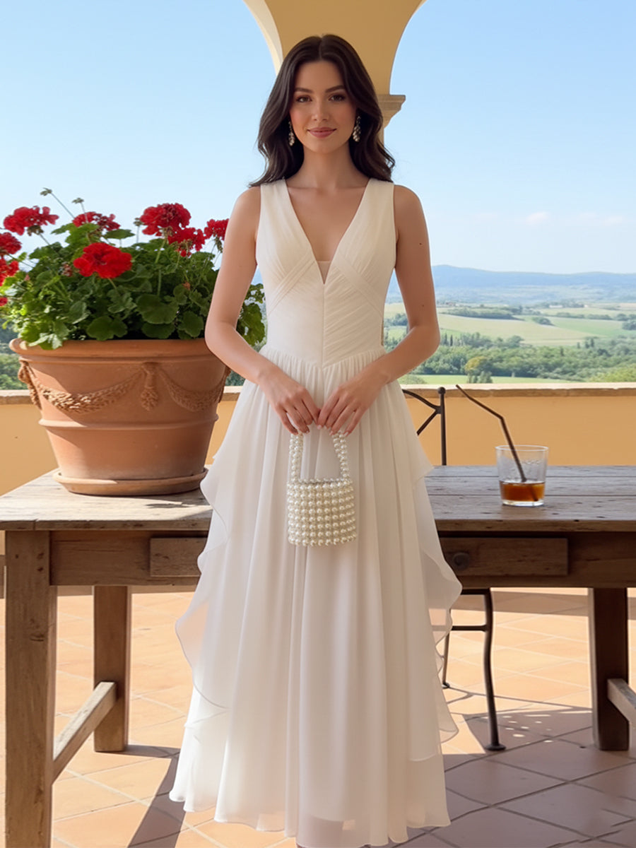 Sleeveless V-Neck Chiffon Maxi Dress with Cascading Ruffles