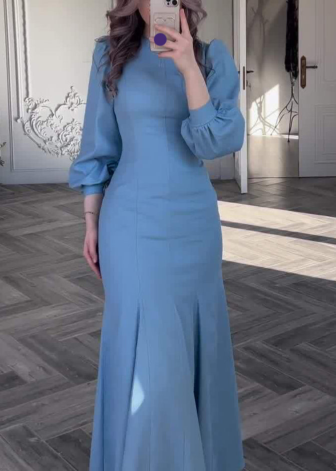 Slim Fit Blue Original Design Solid Cotton Dress Fall