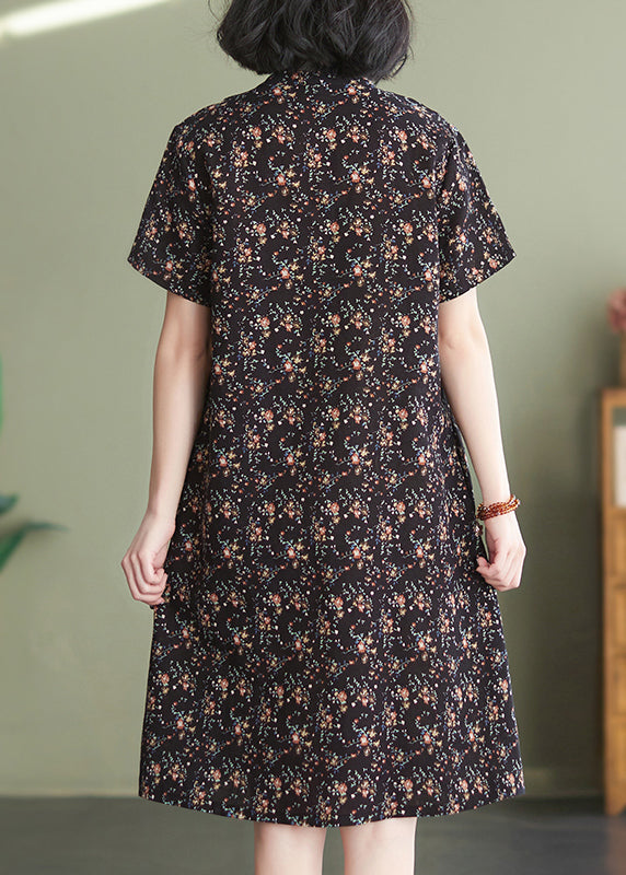 Slim Fit Coffee Stand Collar Print A Line Dresses Short Sleeve