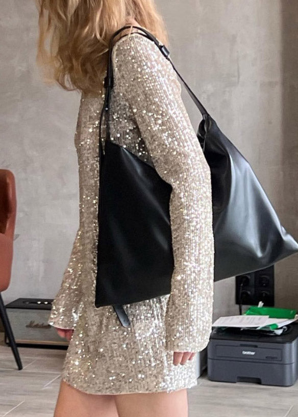 Slim Fit Silver O-Neck Patchwork Sequins Mid Dress Fall
