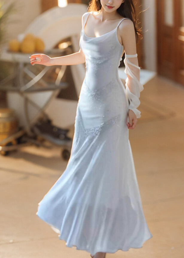 Slim Fit White Zircon Tunic Long Spaghetti Strap Dress Sleeveless