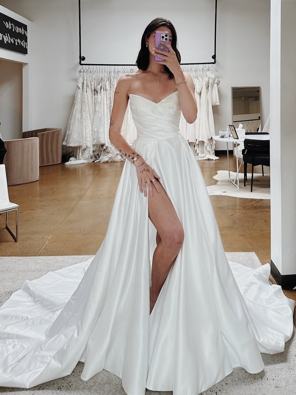 Draped Satin Sweetheart A‑Line Bridal Gown With High Slit And Long Train