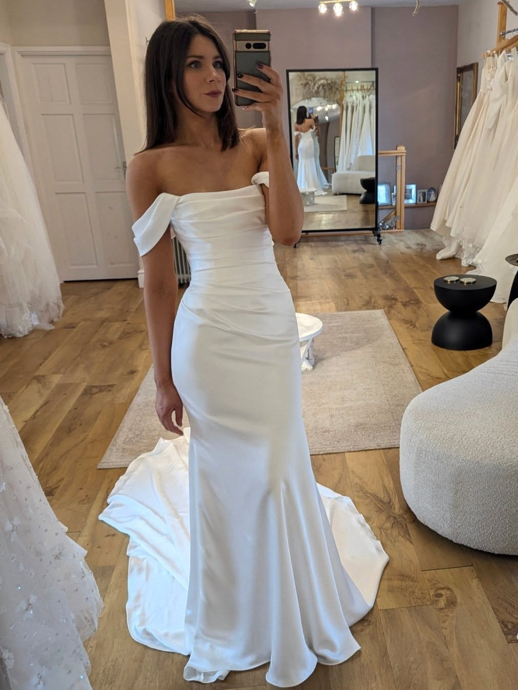 Off Shoulder Ruched Satin Mermaid Wedding Dress Fitted Silhouette With Chapel Train