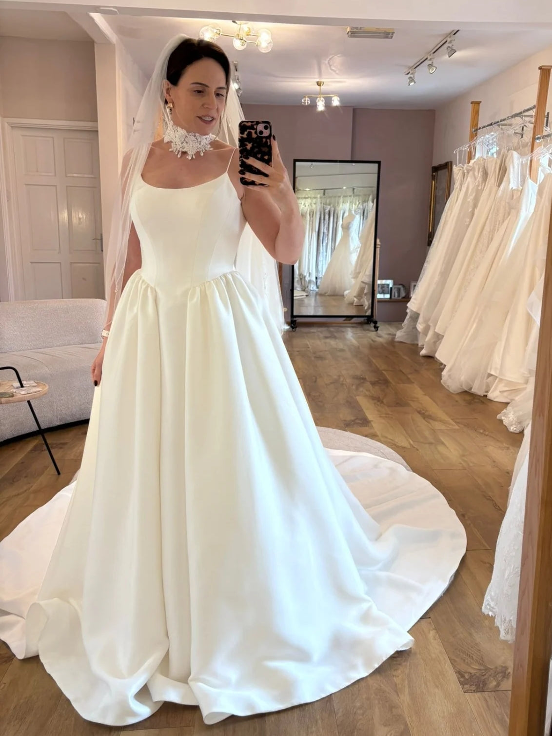 Scoop Neckline Spaghetti Strap Classic Satin Ballgown Wedding Dress