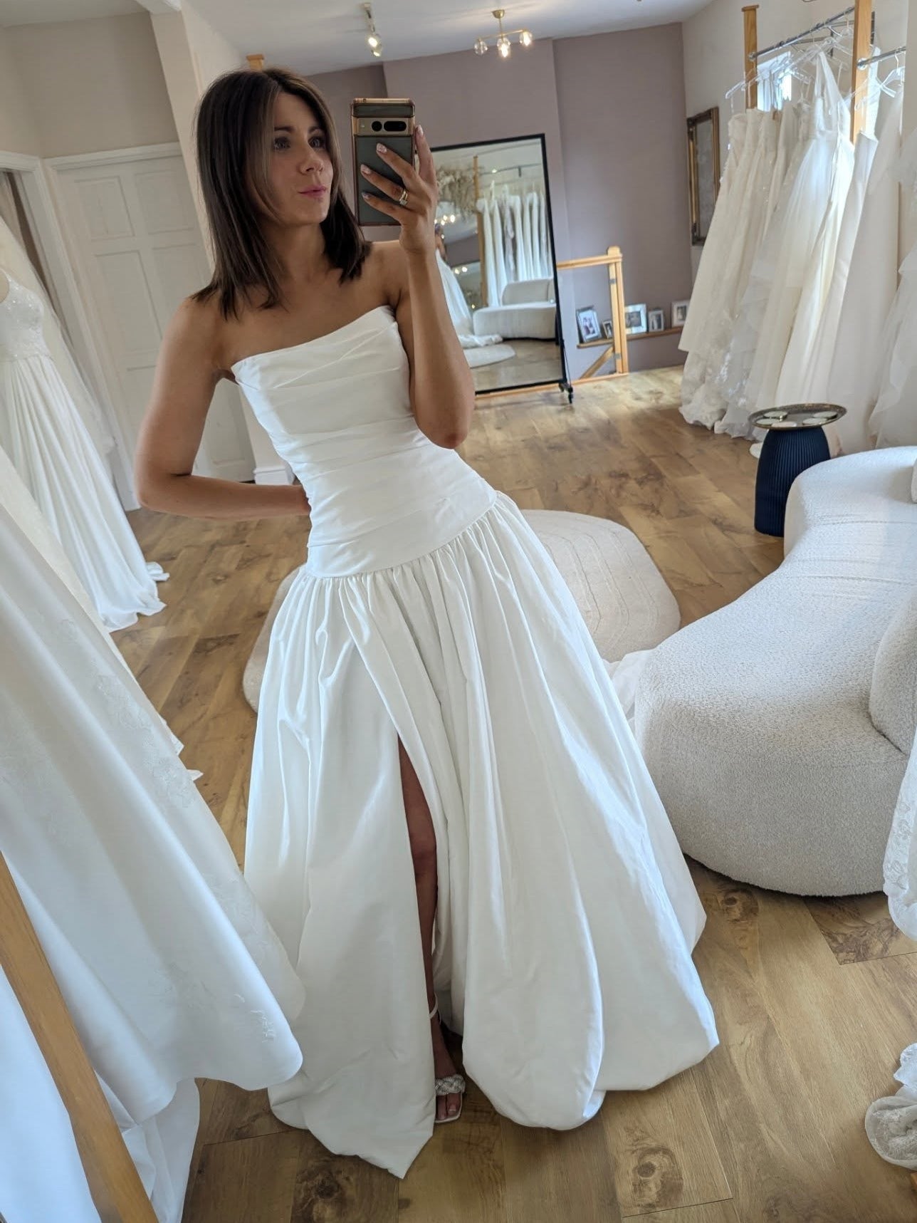 Strapless Ruched Bodice Wedding Dress Drop Waist A-Line Skirt High Side Slit Bridal Gown