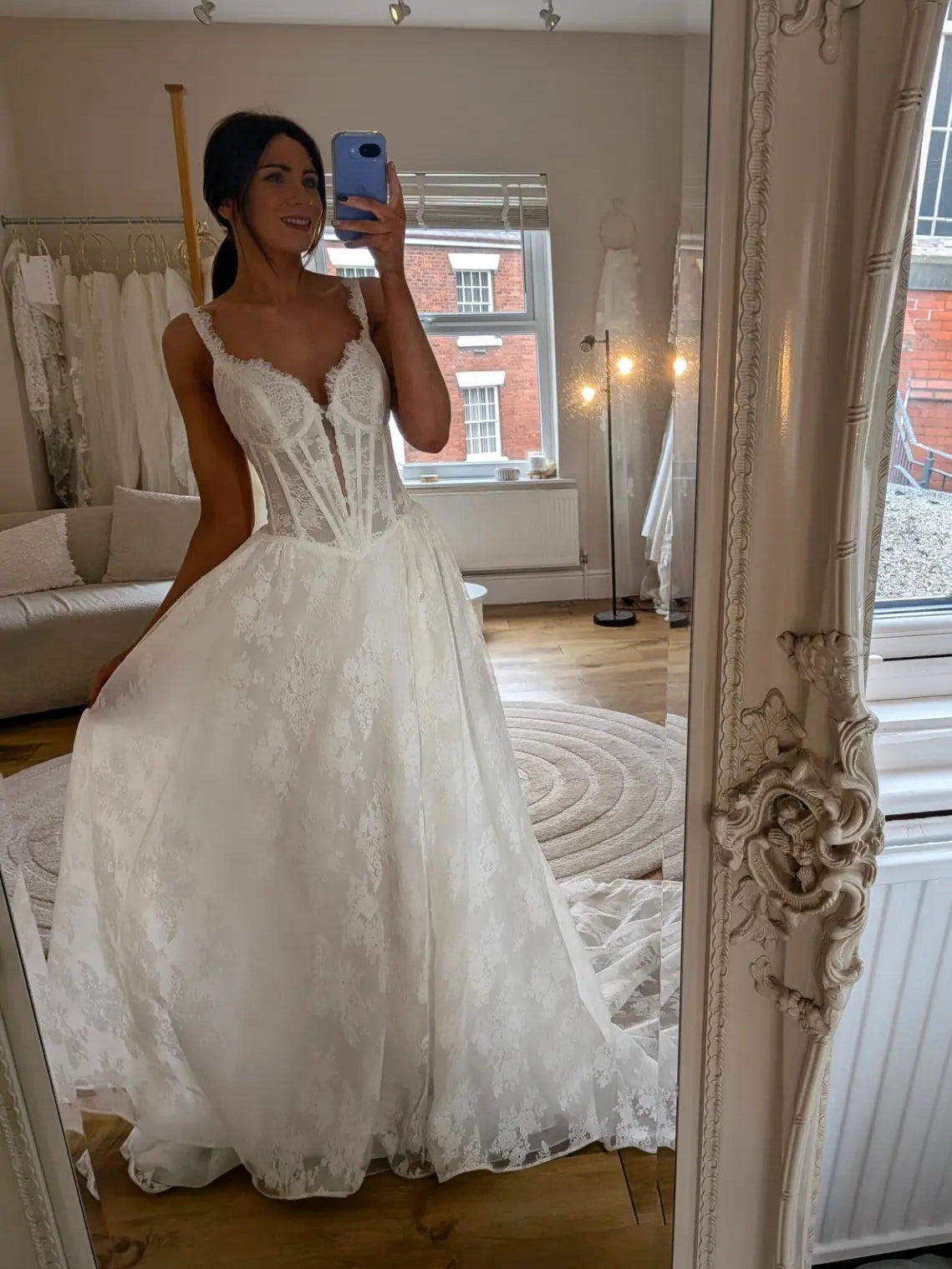 Lace A-Line V Neck Romantic Wedding Gown With Long Train