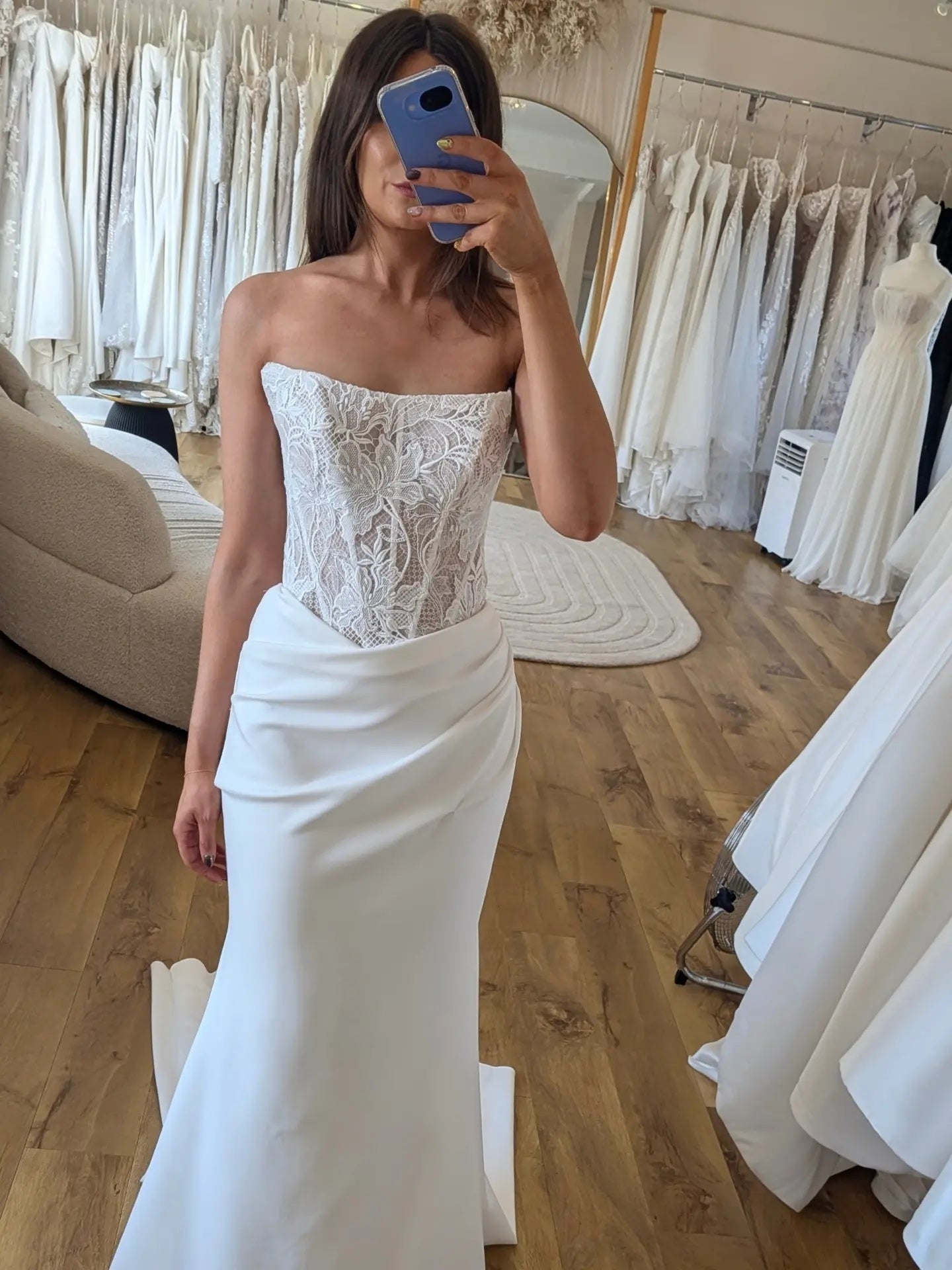 Strapless Floral Lace Corset Mermaid Satin Skirt Wedding Dress