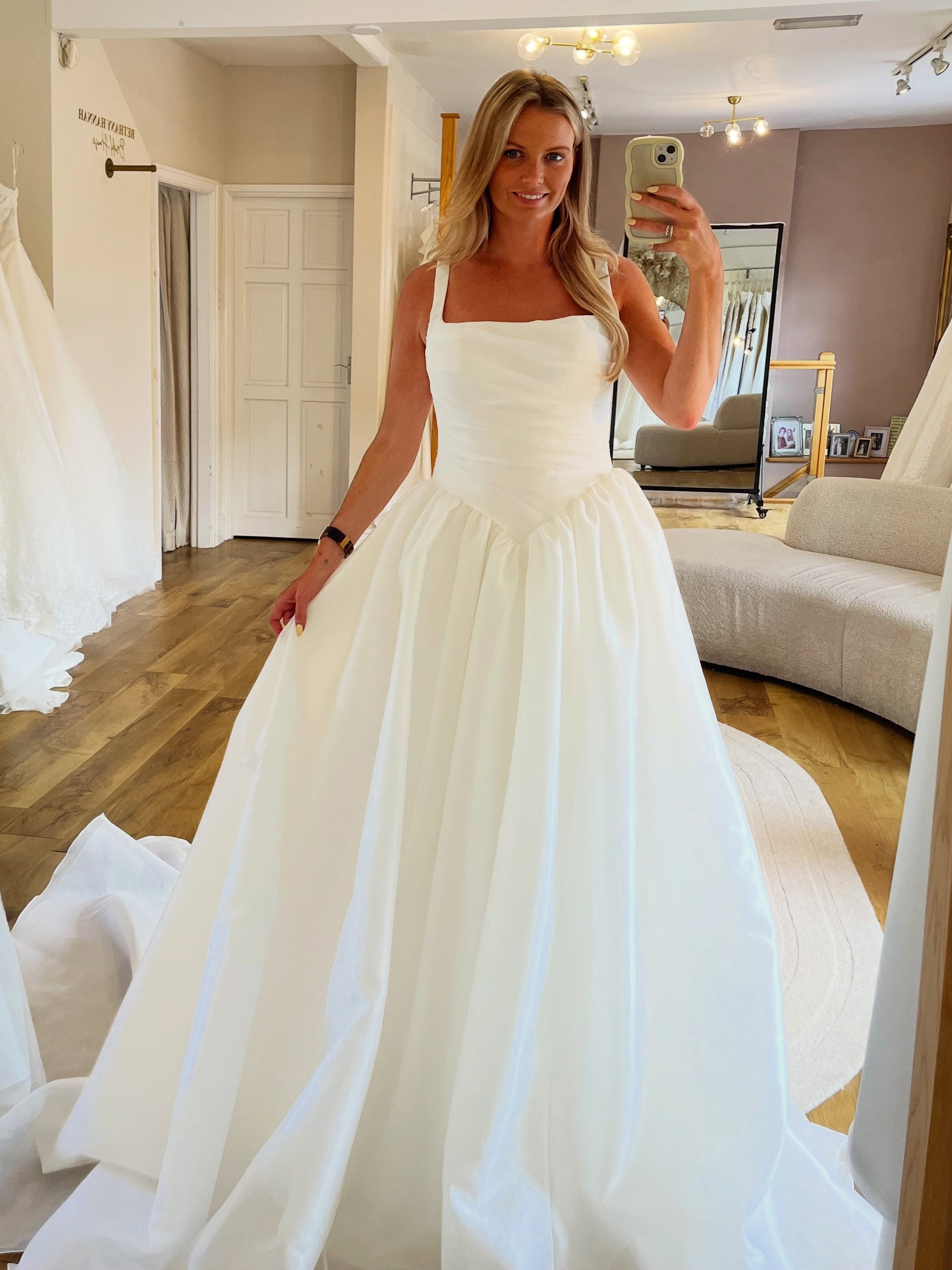 Square Neck Wide Strap Satin Low Back With Button Princess Wedding Dress