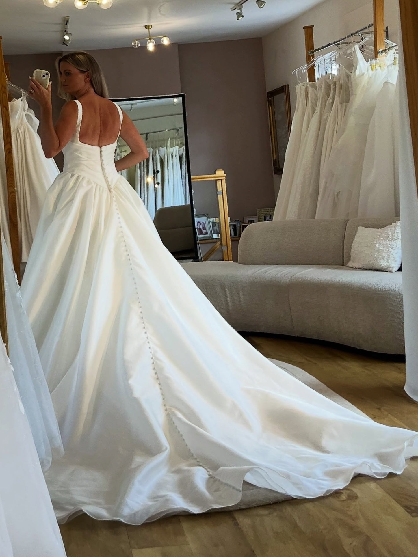 Square Neck Wide Strap Satin Low Back With Button Princess Wedding Dress