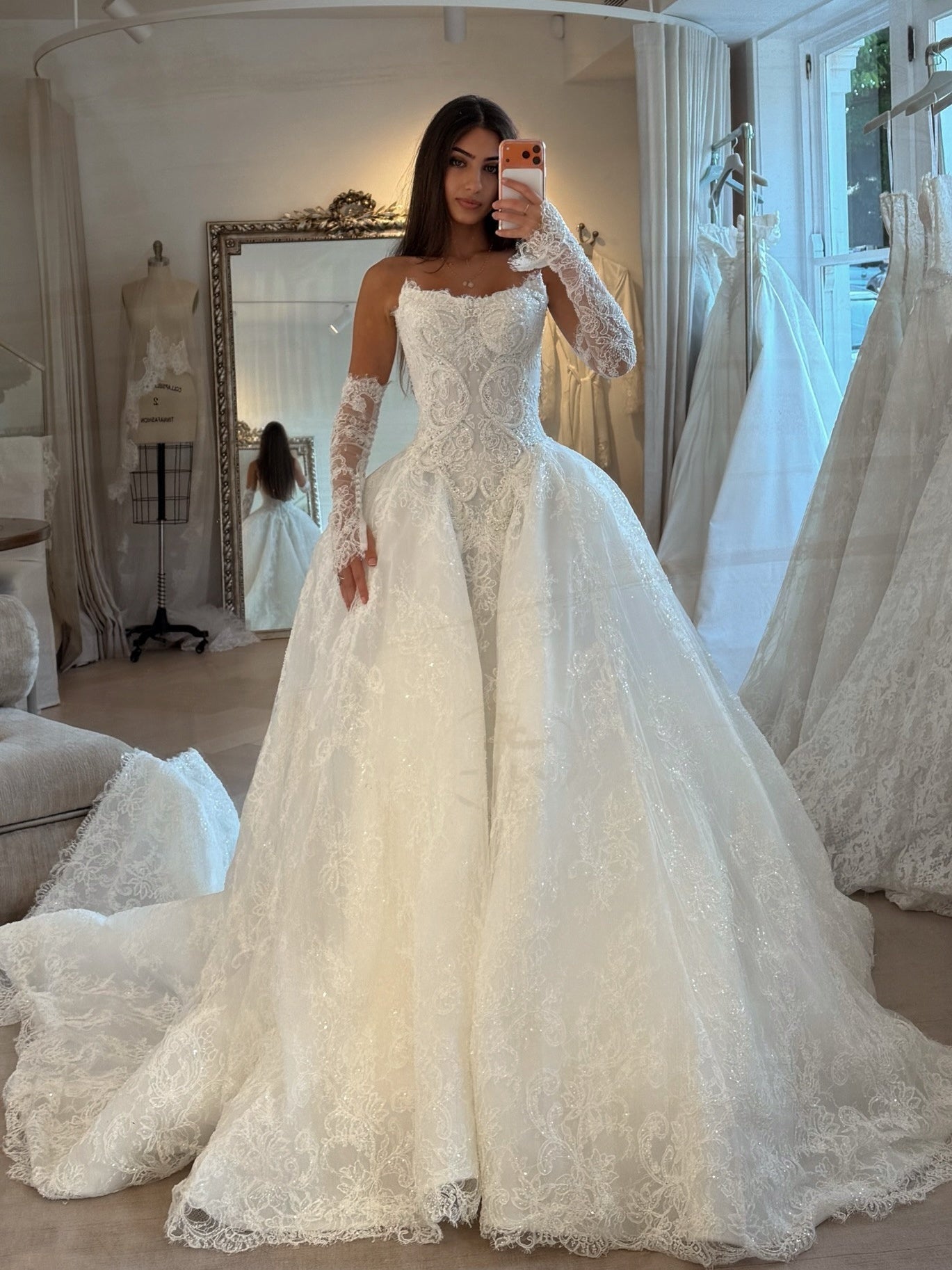 Strapless Ornate Glitter Lace 1/2 Sleeves Ballgown Wedding Dress