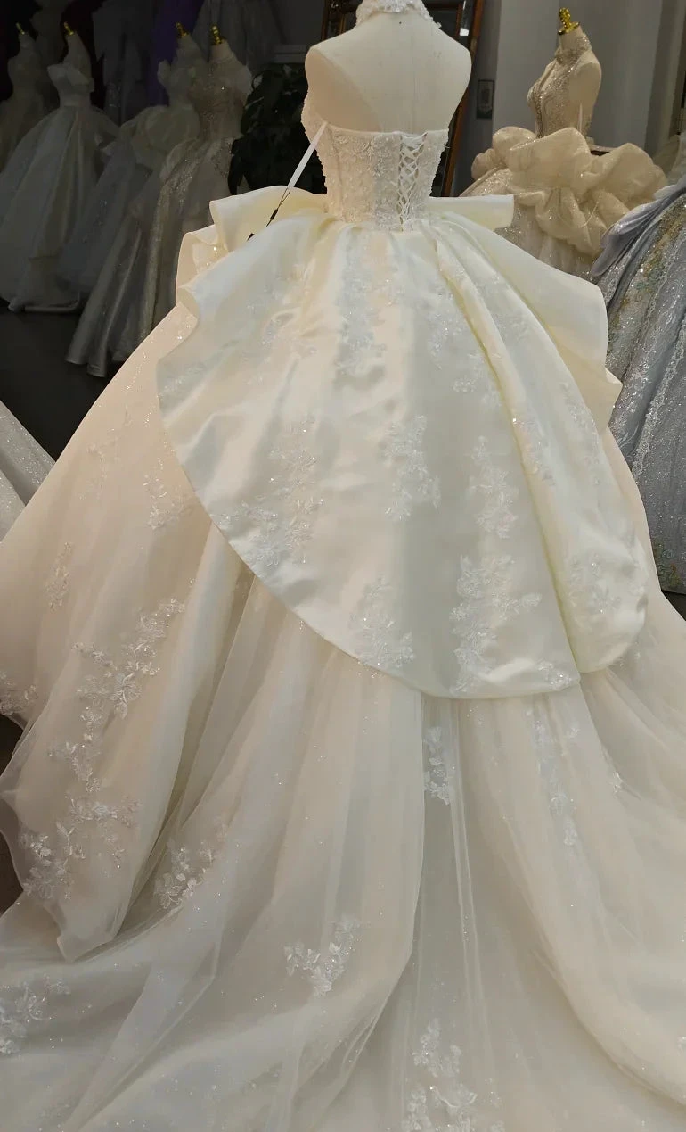 Ivory Lace Strapless Ballgown Choker Collar & Bow Skirt (ZD16781)