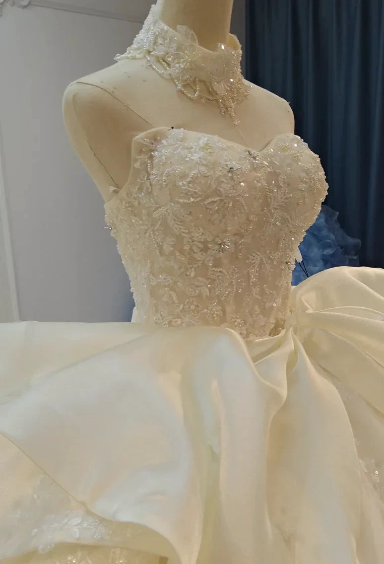 Ivory Lace Strapless Ballgown Choker Collar & Bow Skirt (ZD16781)