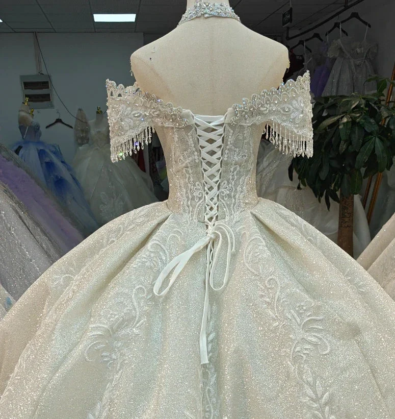 Champagne Glimmer Off-Shoulder Ballgown Crystal Fringe Bust & Embroidered Train (ZD16784)